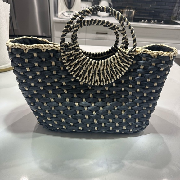 Nordstrom navy blue and Cream Woven Tote with Circular Handles - Picture 1 of 3